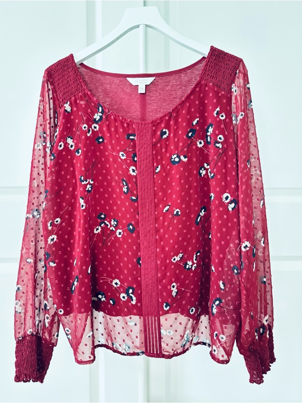 Women’s LC Lauren Conrad Long Sleeve Burgundy Textured Floral Blouse Size XXL